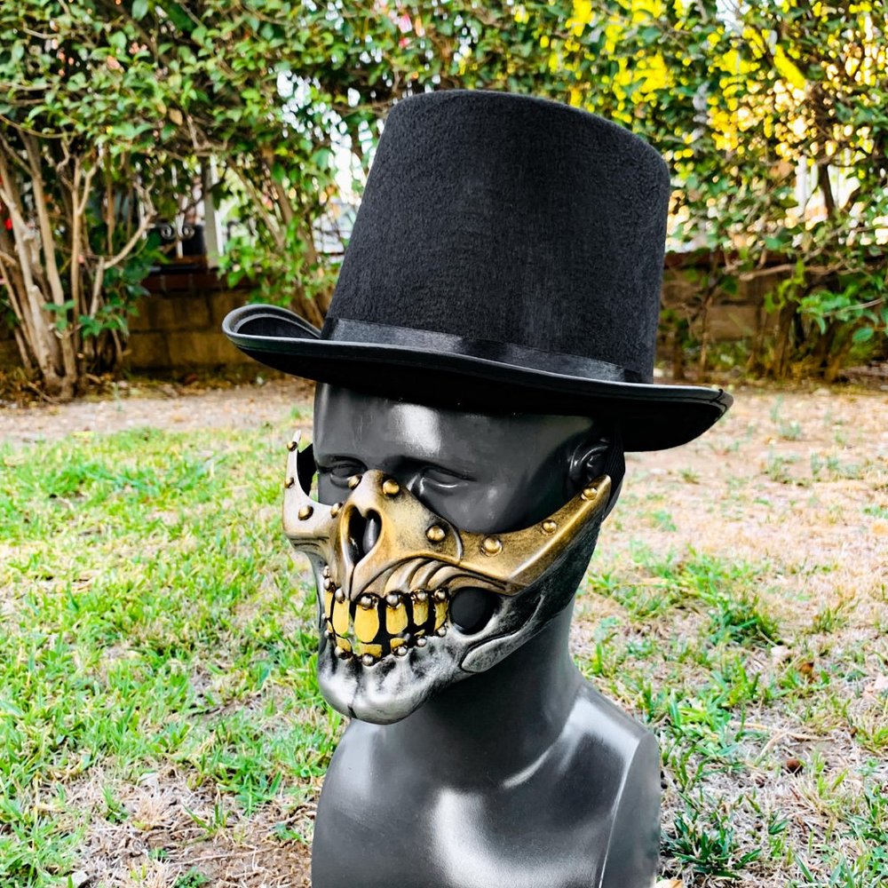Silver Steampunk Mouth Skull Mask with Black TOP Hat Halloween Cosplay Costume